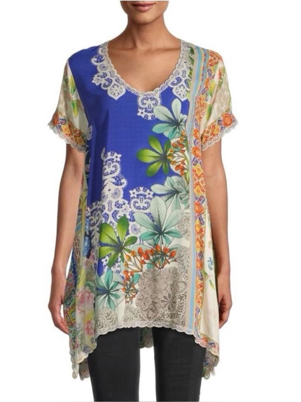 Johnny Was Marron Tunic Top Med Mixed Print Lace Trim Bohemian Resort Tropical